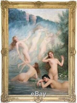 Water Nymphs Antique Oil Painting by Louis Perrey (French, b. 1856)