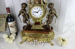 XL heavy French Putti Faun Brass wood Clock Louis XVI 1960's